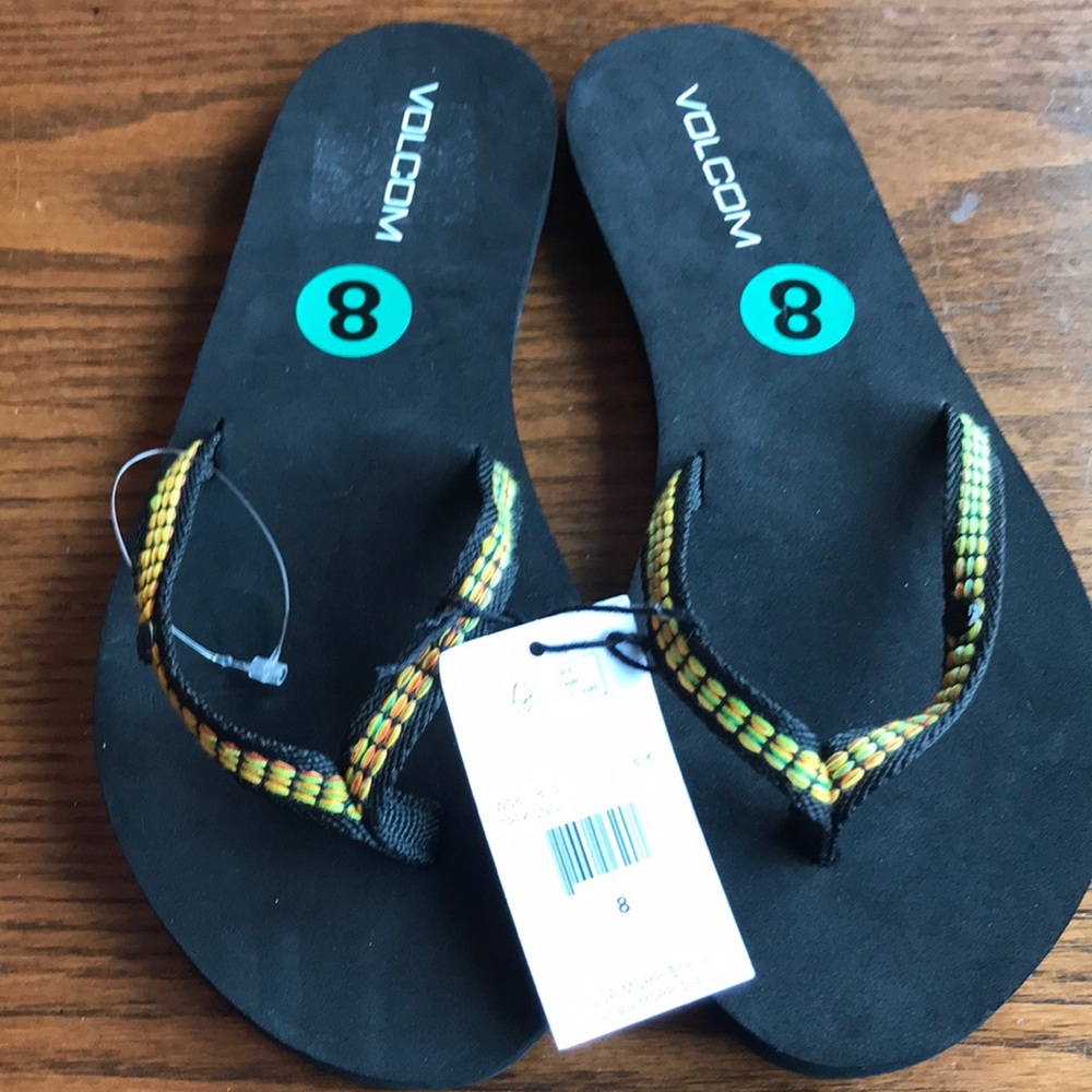 COPY - Volcom black flip flops with yellow/red/green woven straps NWT